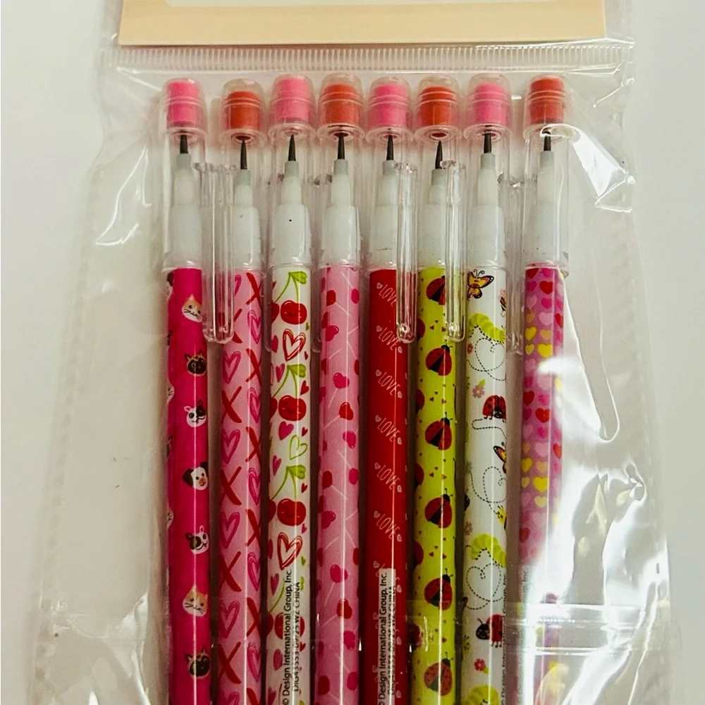 New Joyward Push Pencils 8 Pack Erasers Red White Pink Hearts Ladybugs